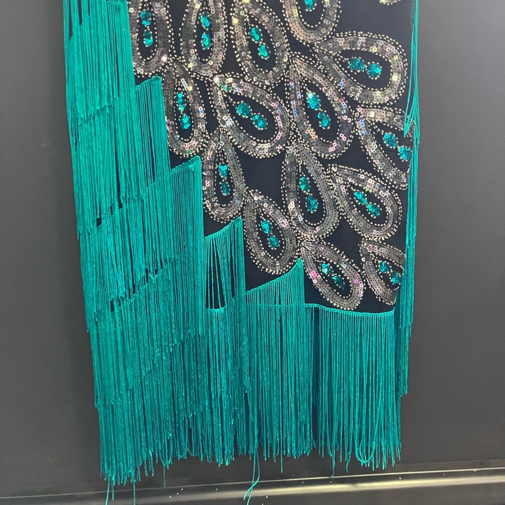 BabeYond black green and Silver peacock embroidered fringe flapper dress XL - Picture 13 of 15